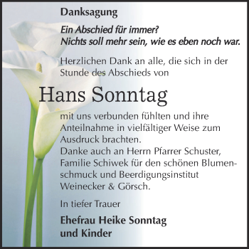 Traueranzeige von Hans Sonntag von Super Sonntag Bernburg
