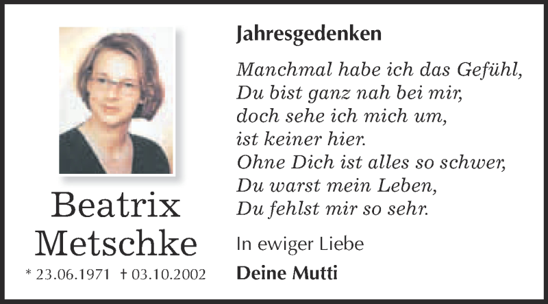  Traueranzeige für Beatrix Metschke vom 03.10.2015 aus Super Sonntag Wittenberg