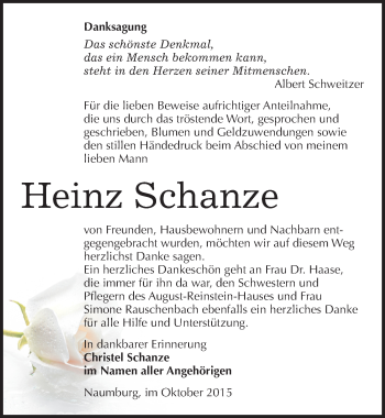 Traueranzeige von Heinz Schanze von Mitteldeutsche Zeitung Naumburg/Nebra