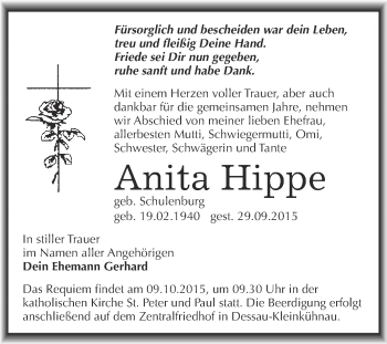 Traueranzeige von Anita Hippe von WVG - Wochenspiegel Dessau / Köthen