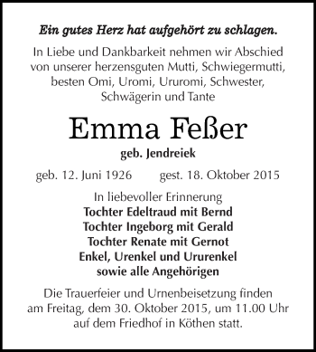 Traueranzeige von Emma Feßer von WVG - Wochenspiegel Dessau / Köthen