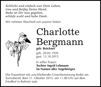 Traueranzeige von Charlotte Bergmann von Mitteldeutsche Zeitung Merseburg/Querfurt