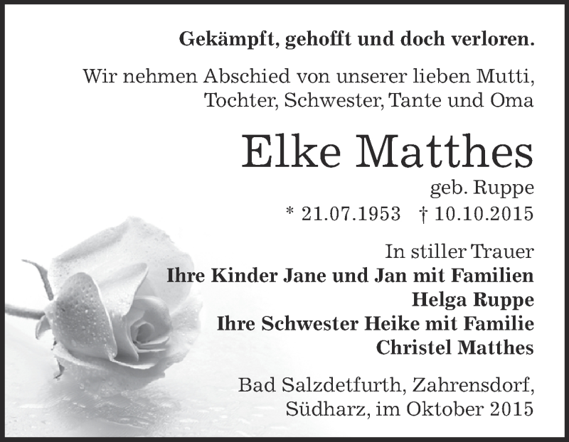  Traueranzeige für Elke Matthes vom 17.10.2015 aus Super Sonntag SGH Mansf. Land