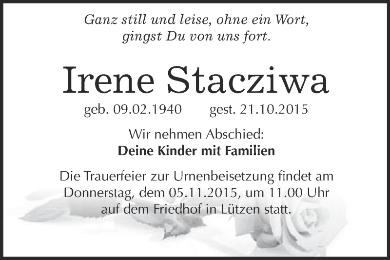  Traueranzeige für Irene Stacziwa vom 28.10.2015 aus Super Sonntag Merseburg