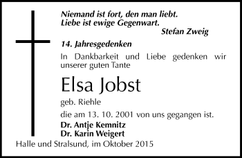 Traueranzeige von Elsa Jobst von Mitteldeutsche Zeitung Wittenberg