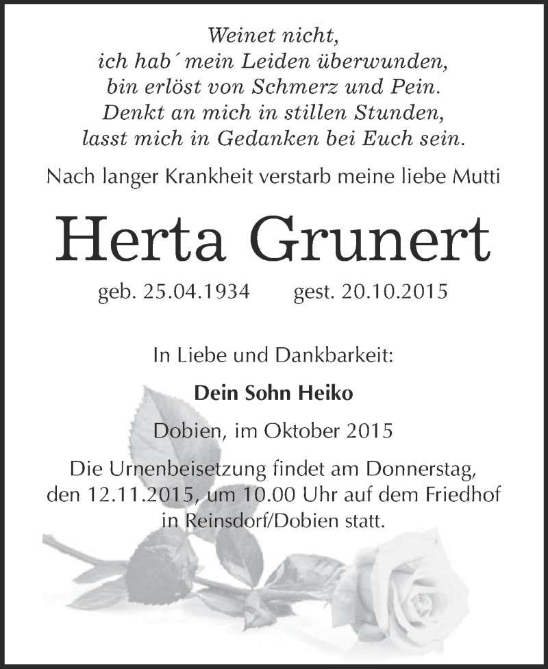  Traueranzeige für Herta Grunert vom 31.10.2015 aus WVG - Wochenspiegel Wittenberg