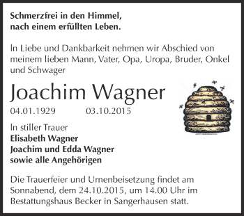 Traueranzeige von Joachim Wagner von Super Sonntag SGH Mansf. Land