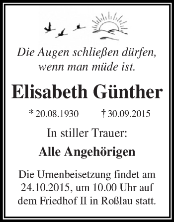 Traueranzeige von Elisabeth Günther von WVG - Wochenspiegel Dessau / Köthen