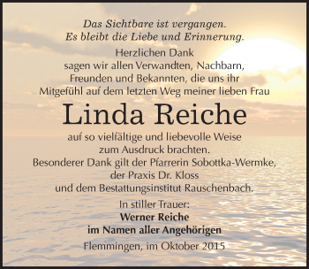 Traueranzeige von Linda Reiche von Mitteldeutsche Zeitung Naumburg/Nebra