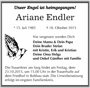 Traueranzeige von Ariane Endler von Mitteldeutsche Zeitung Bitterfeld