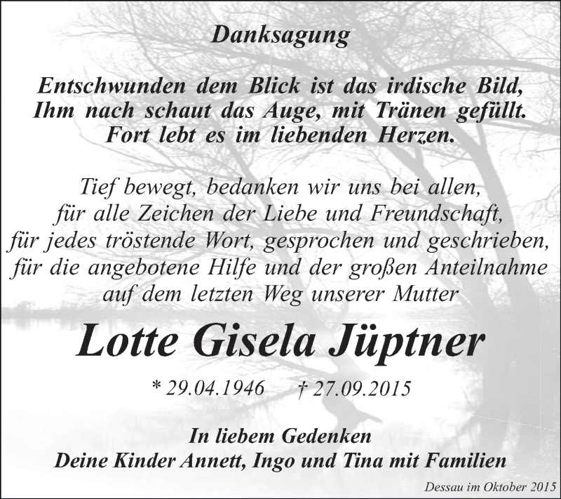  Traueranzeige für Lotte Gisela Jüptner vom 31.10.2015 aus WVG - Wochenspiegel Dessau / Köthen