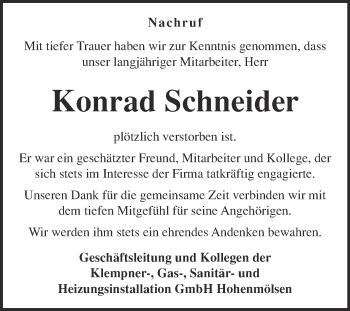 Traueranzeige von Konrad Schneider von WVG - Wochenspiegel NMB / WSF / ZTZ