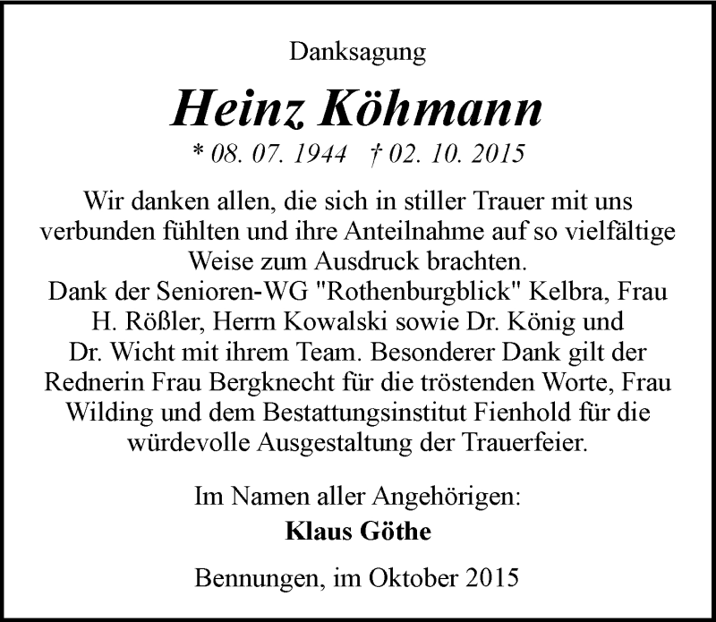  Traueranzeige für Heinz Köhmann vom 16.10.2015 aus Mitteldeutsche Zeitung Sangerhausen