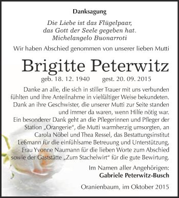 Traueranzeige von Brigitte Peterwitz von WVG - Wochenspiegel Wittenberg