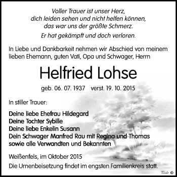 Traueranzeige von Helfried Lohse von WVG - Wochenspiegel NMB / WSF / ZTZ