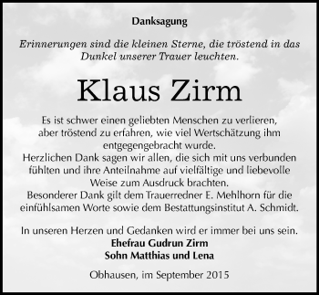 Traueranzeige von Klaus Zirm von Mitteldeutsche Zeitung Merseburg/Querfurt