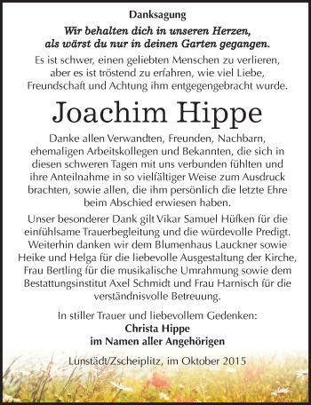 Traueranzeige von Joachim Hippe von Mitteldeutsche Zeitung