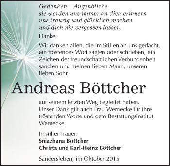 Traueranzeige von Andreas Böttcher von Mitteldeutsche Zeitung Mansfelder Land
