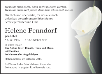 Traueranzeige von Helene Penndorf von WVG - Wochenspiegel NMB / WSF / ZTZ