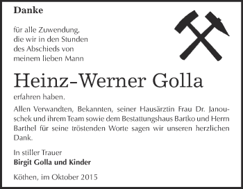 Traueranzeige von Heinz-Werner Golla von WVG - Wochenspiegel Dessau / Köthen