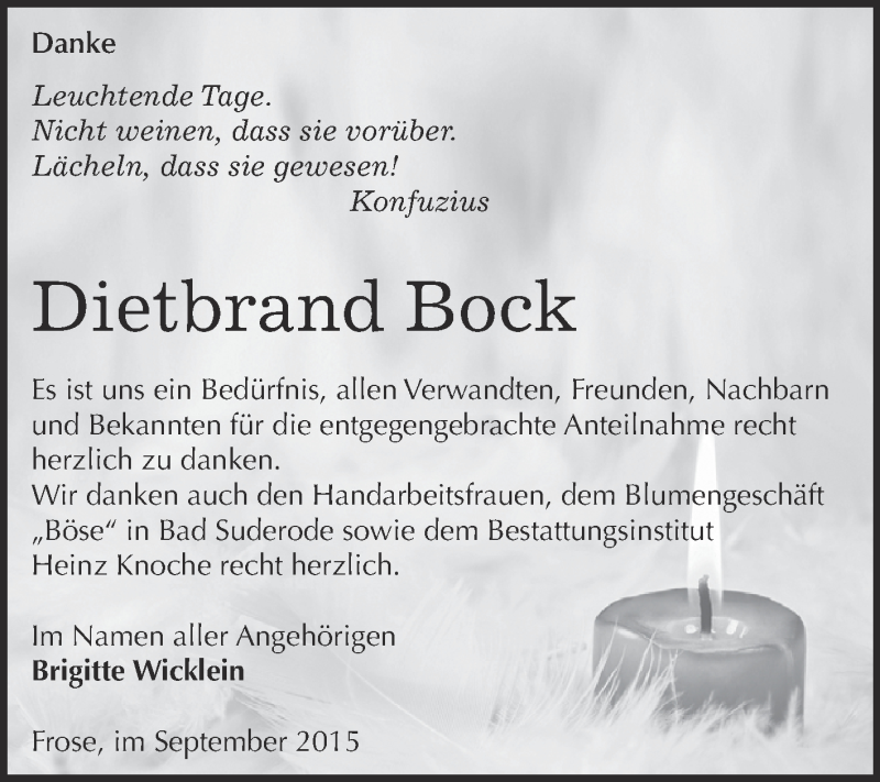  Traueranzeige für Dietbrand Bock vom 03.10.2015 aus Super Sonntag Aschersleben