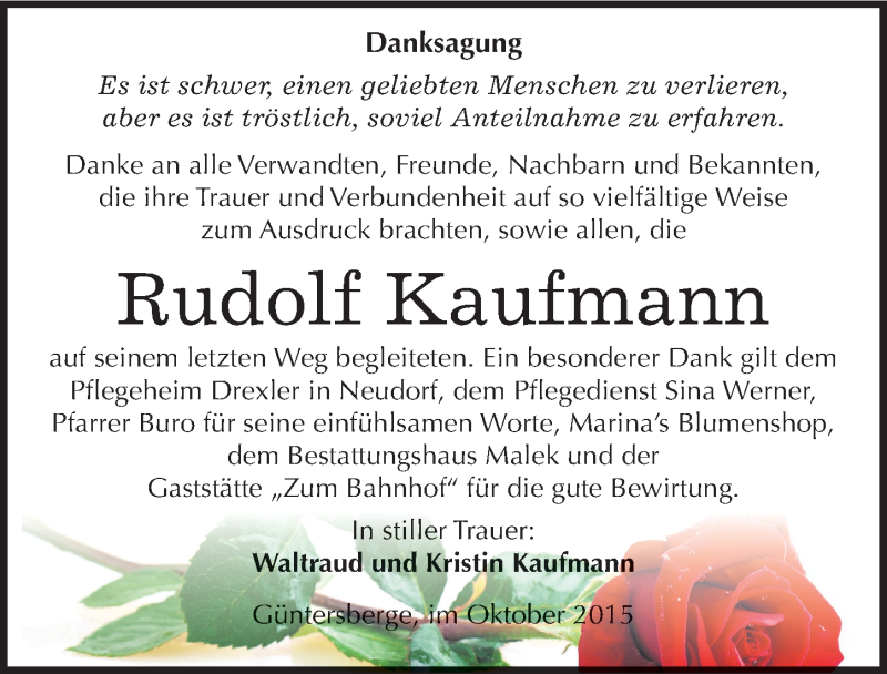  Traueranzeige für Rudolf Kaufmann vom 23.10.2015 aus Mitteldeutsche Zeitung Quedlinburg