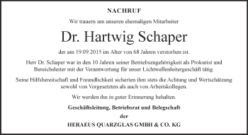 Traueranzeige von Hartwig Schaper von WVG - Wochenspiegel Bitterfeld