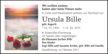 Traueranzeige von Ursula Bille von Mitteldeutsche Zeitung Quedlinburg