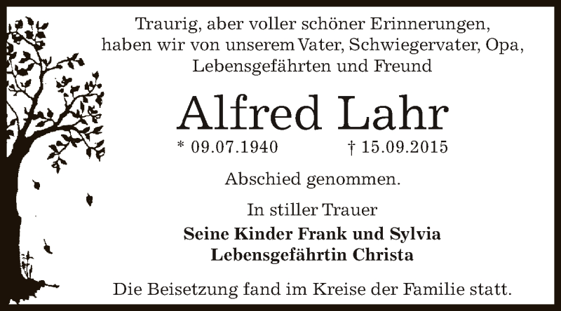  Traueranzeige für Alfred Lahr vom 10.10.2015 aus WVG - Wochenspiegel Dessau / Köthen