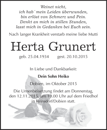 Traueranzeige von Herta Grunert von WVG - Wochenspiegel Wittenberg