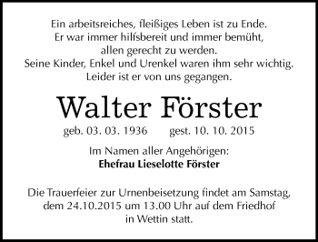 Traueranzeige von Walter Förster von Mitteldeutsche Zeitung Halle/Saalkreis