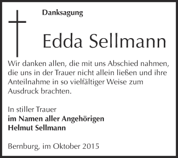 Traueranzeige von Edda Sellmann von Super Sonntag Bernburg