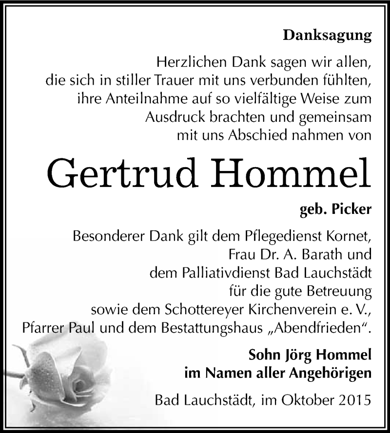  Traueranzeige für Gertrud Hommel vom 10.10.2015 aus WVG - Wochenspiegel Merseburg