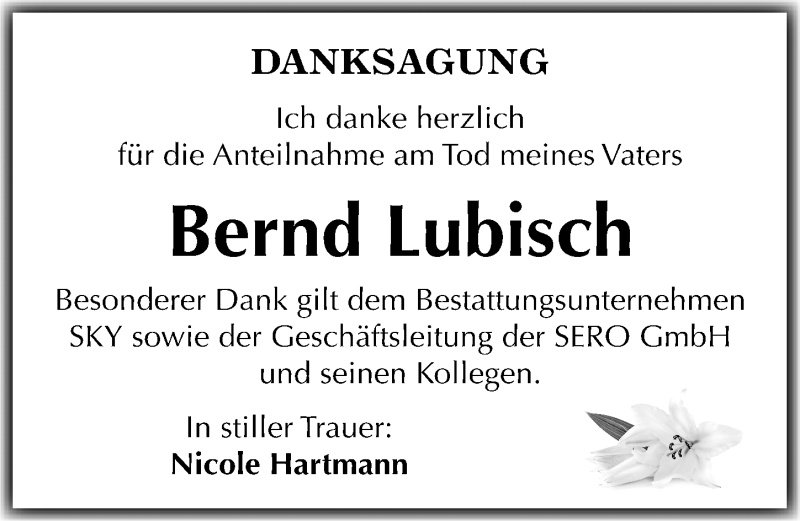  Traueranzeige für Bernd Lubisch vom 03.10.2015 aus Mitteldeutsche Zeitung Wittenberg