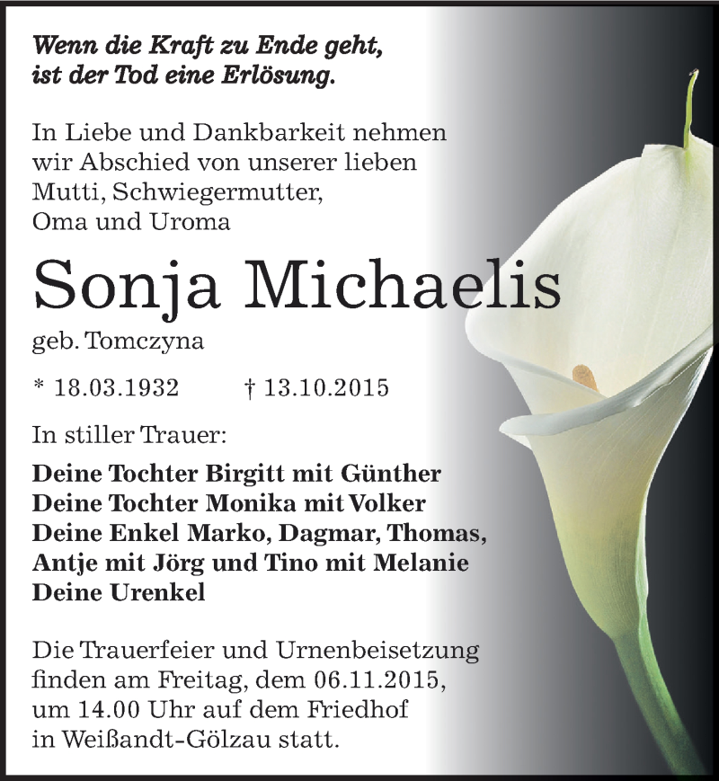  Traueranzeige für Sonja Michaelis vom 16.10.2015 aus Mitteldeutsche Zeitung Köthen