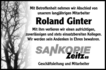Traueranzeige von Roland Ginter von Super Sonntag Zeitz