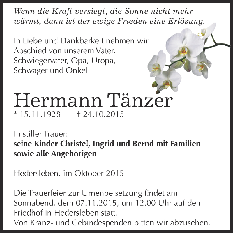  Traueranzeige für Hermann Tänzer vom 31.10.2015 aus Super Sonntag SGH Mansf. Land