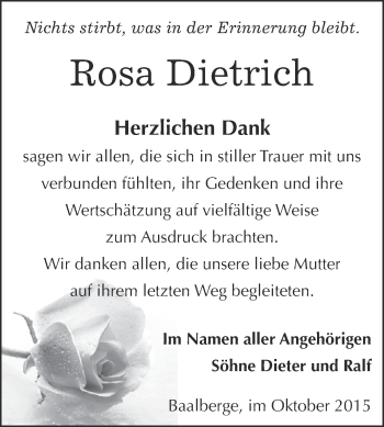 Traueranzeige von Rosa Dietrich von Super Sonntag Bernburg
