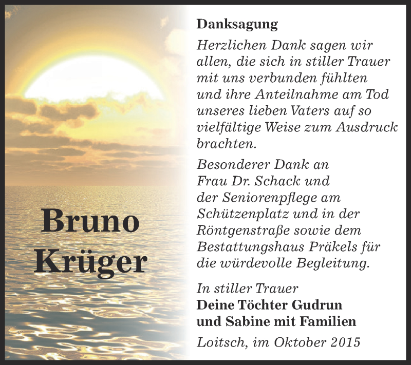  Traueranzeige für Bruno Krüger vom 24.10.2015 aus Super Sonntag Zeitz