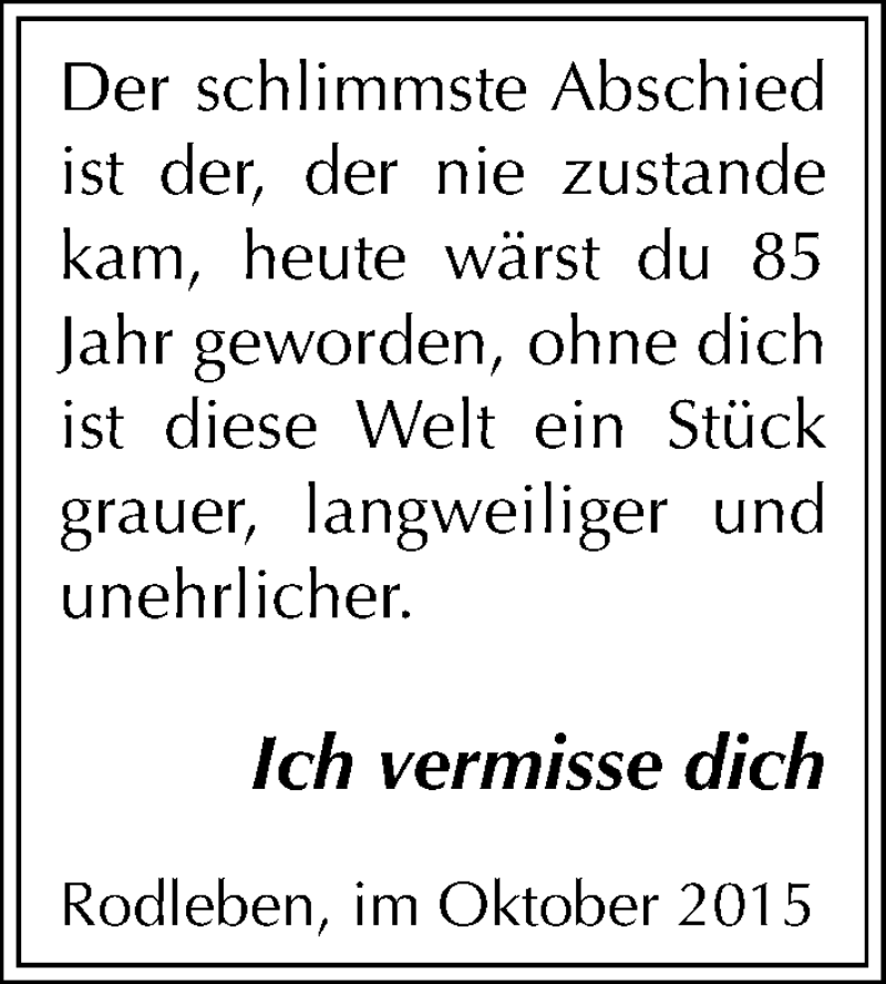  Traueranzeige für Ich vermisse dich  vom 09.10.2015 aus Mitteldeutsche Zeitung Dessau-Roßlau