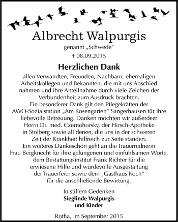 Traueranzeige von Albrecht Walpurgis von Mitteldeutsche Zeitung Sangerhausen