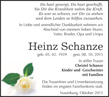 Traueranzeige von Heinz Schanze von WVG - Wochenspiegel NMB / WSF / ZTZ