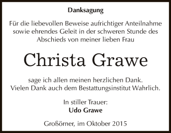 Traueranzeige von Christa Grawe von Wochenspiegel Mansfelder Land
