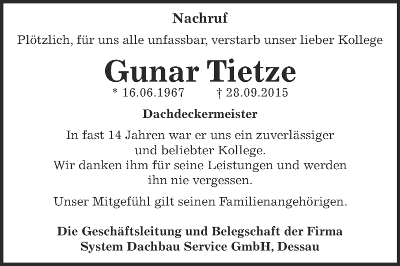  Traueranzeige für Gunar Tietze vom 31.10.2015 aus Super Sonntag Dessau / Köthen