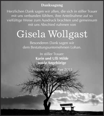 Traueranzeige von Gisela Wollgast von WVG - Wochenspiegel Bitterfeld