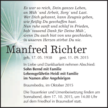 Traueranzeige von Manfred Richter von WVG - Wochenspiegel Merseburg