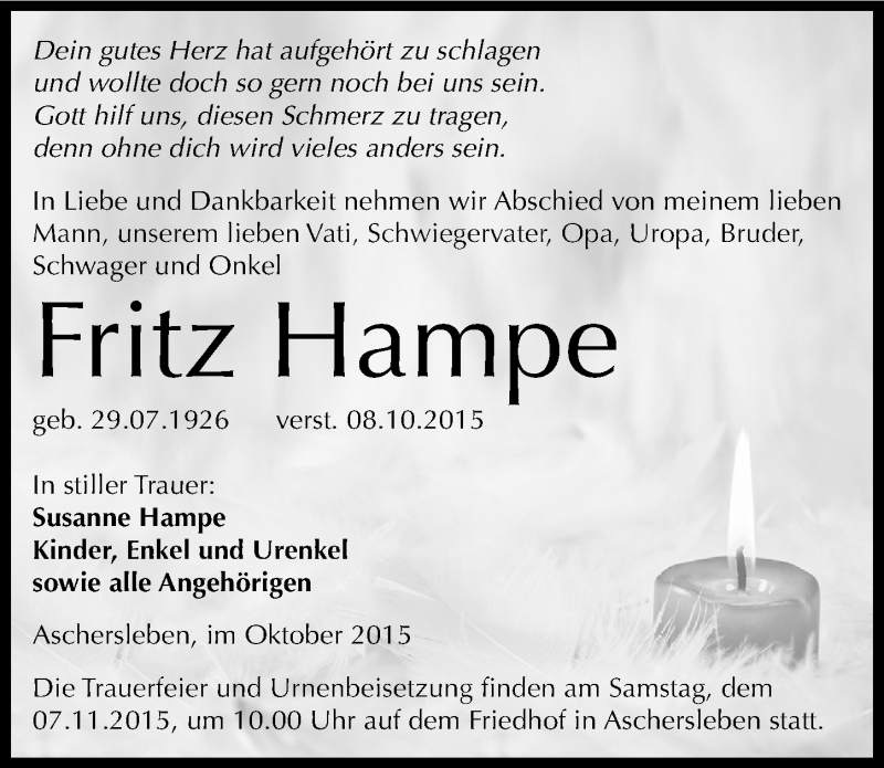  Traueranzeige für Fritz Hampe vom 24.10.2015 aus Mitteldeutsche Zeitung Aschersleben