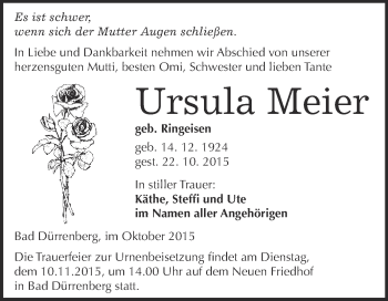 Traueranzeige von Ursula Meier von Super Sonntag Merseburg