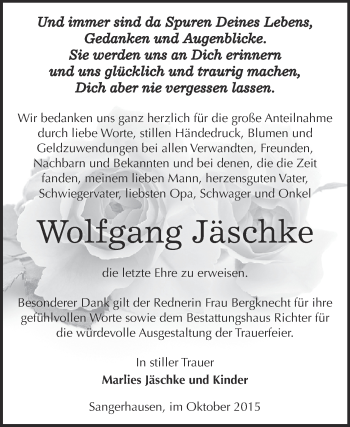 Traueranzeige von Wolfgang Jäschke von Super Sonntag SGH Mansf. Land