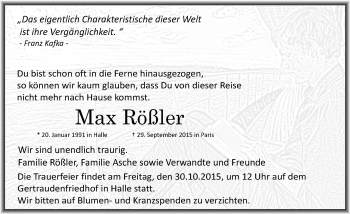 Traueranzeige von Max Rößler von Mitteldeutsche Zeitung Halle/Saalkreis